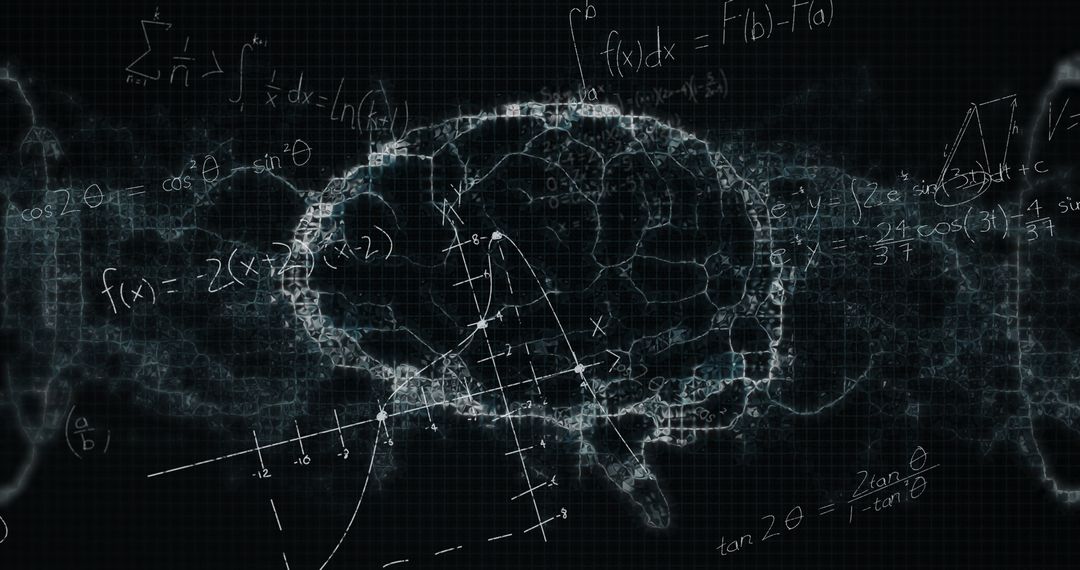 Mathematical Equations Over Digital Brain on Black Background