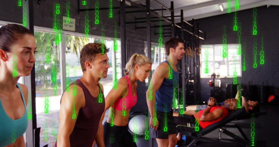 Group training in modern gym featuring digital binary overlay conveying smart fitness data