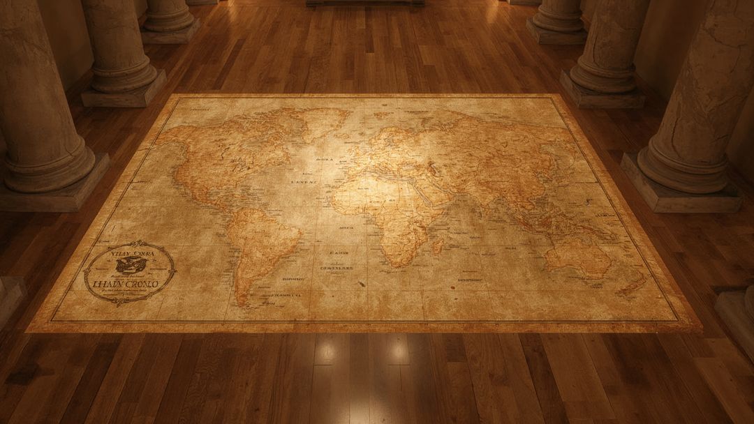 Antique World Map on Elegant Gallery Floor with Stone Columns