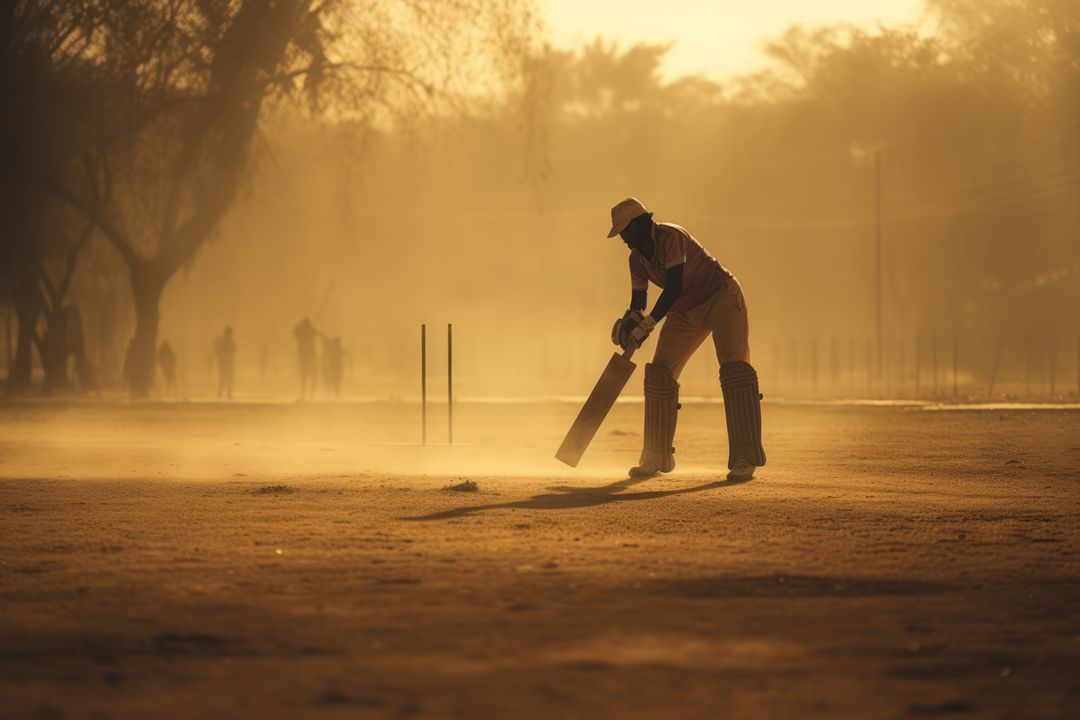 Cricketer playing in dusty golden sunset - Free Images, Stock Photos and Pictures on Pikwizard.com