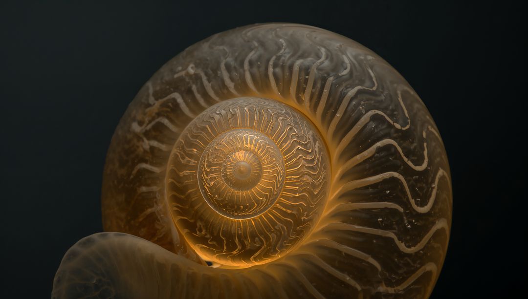 Glowing Translucent Nautilus Spiral Showing Concentric Chambers with Warm Inner Glow