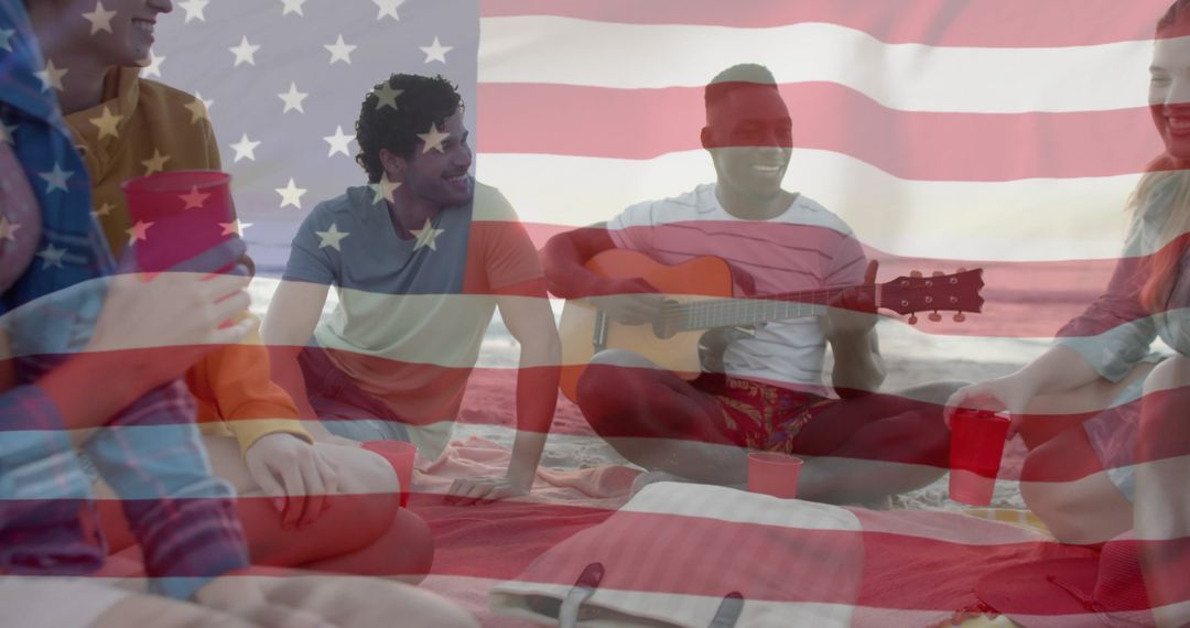 Diverse Friends Singing by Beach with American Flag Overlay