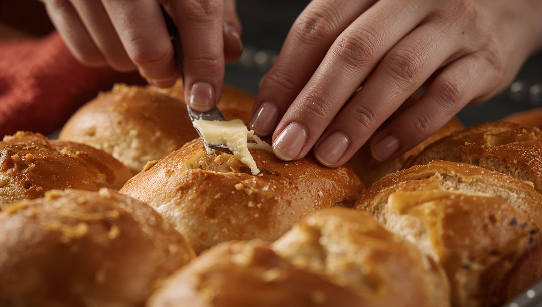 Manicured hands spreading butter on golden dinner rolls, close-up cozy breakfast scene