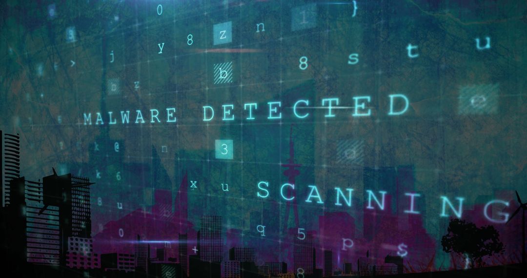 Futuristic City with Digital Malware Detection Overlay