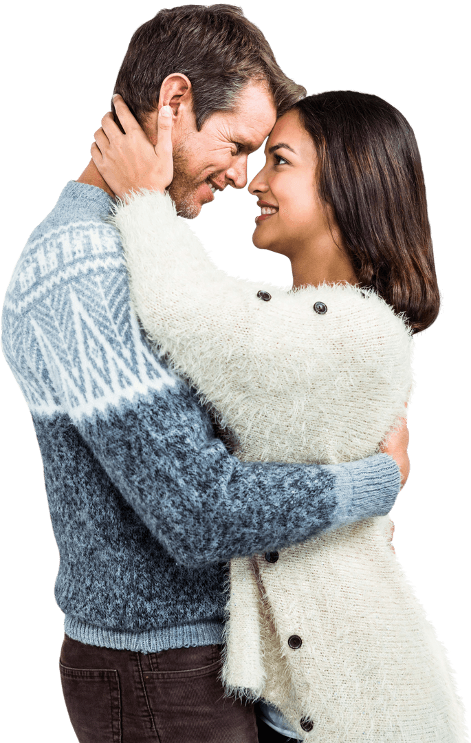 Transparent Image of Cheerful Couple Embracing in Warm Clothing