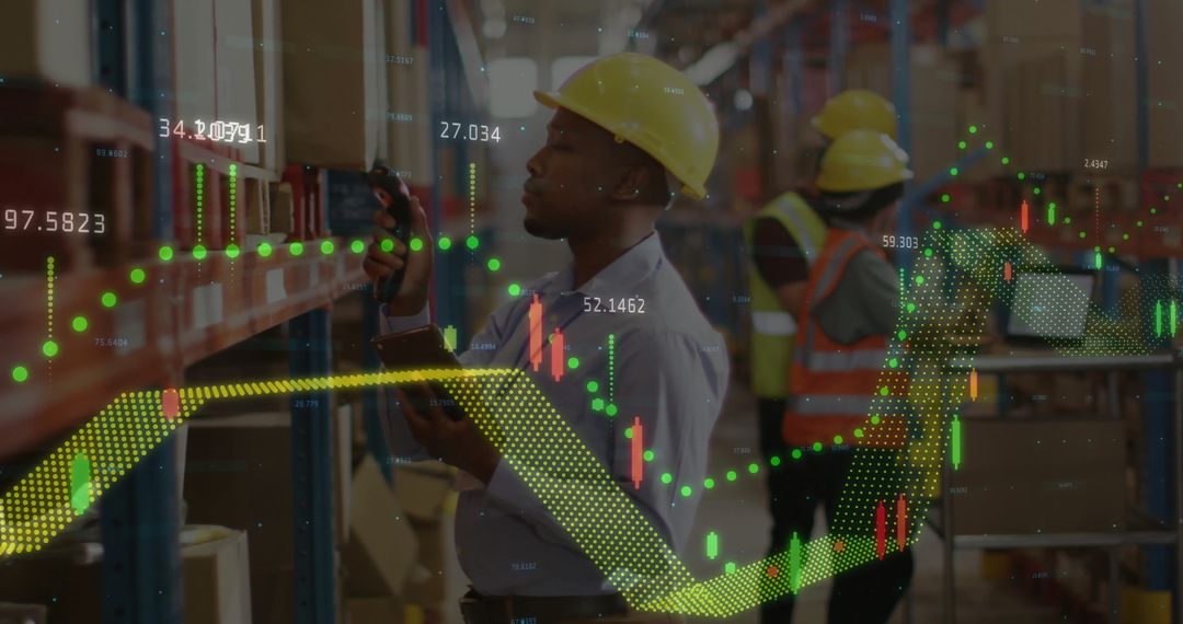 Financial Data Overlay with Worker in Industrial Warehouse