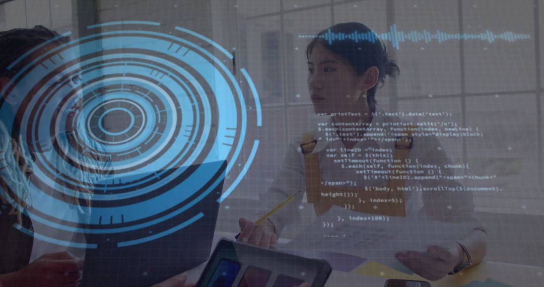 Colleagues Collaborating with Hi-Tech Interface in Office Environment