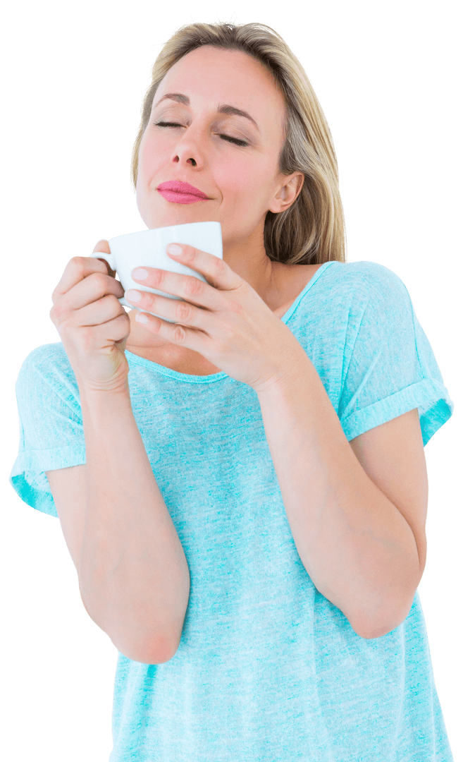 Serene Woman Sipping Coffee on Transparent Background