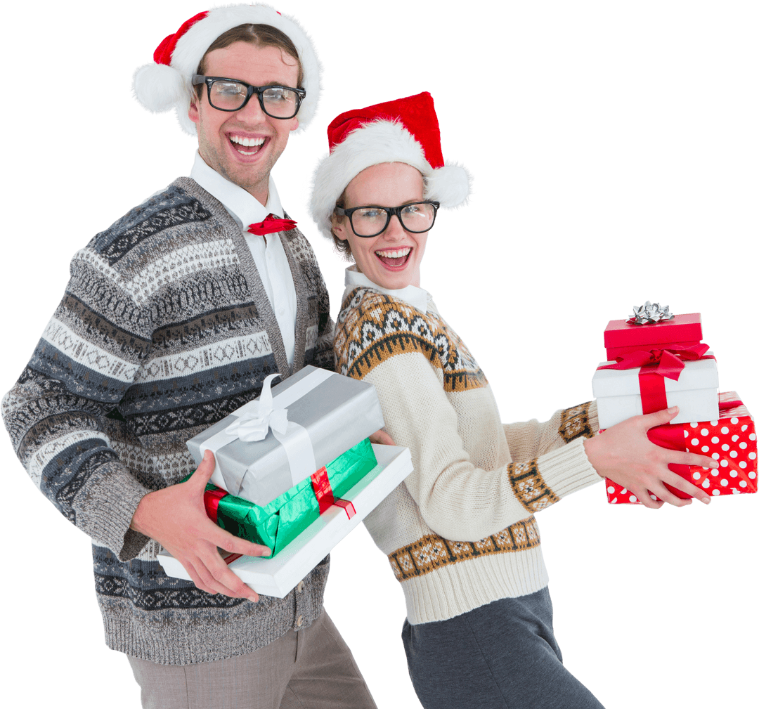 Smiling Couple in Christmas Sweaters Holding Transparent Gifts