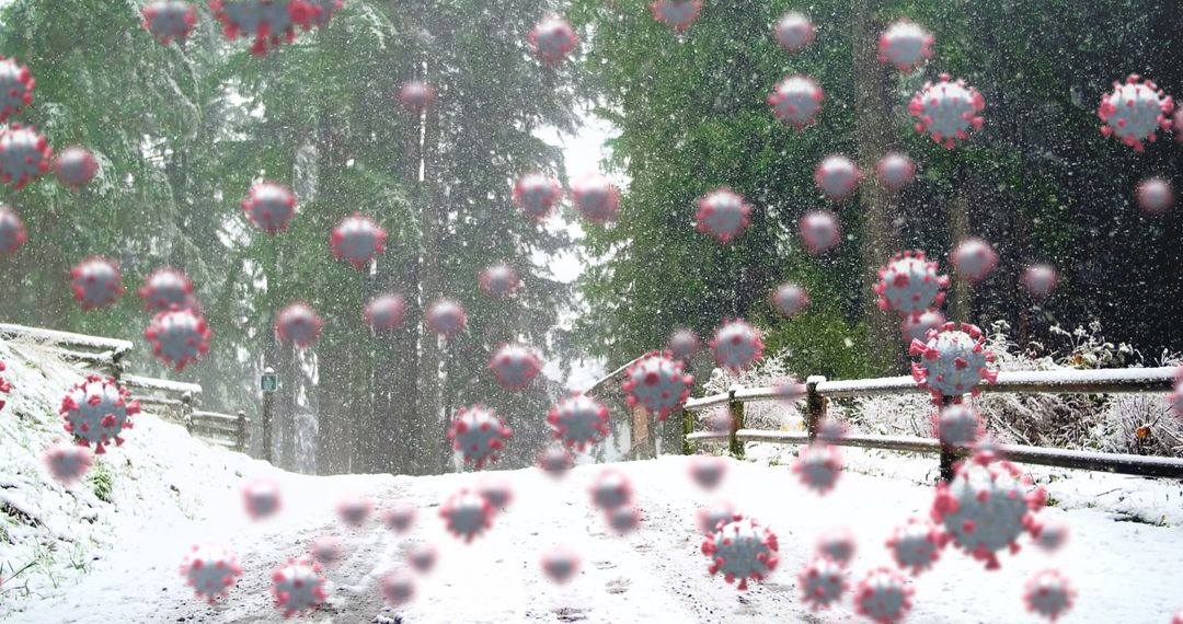 COVID-19 Cells Overlay on Snowy Winter Landscape
