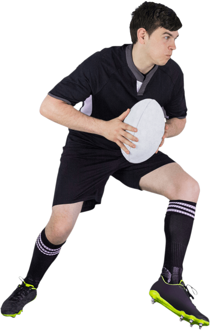 Male Rugby Player Running with Oval Ball on Transparent Background