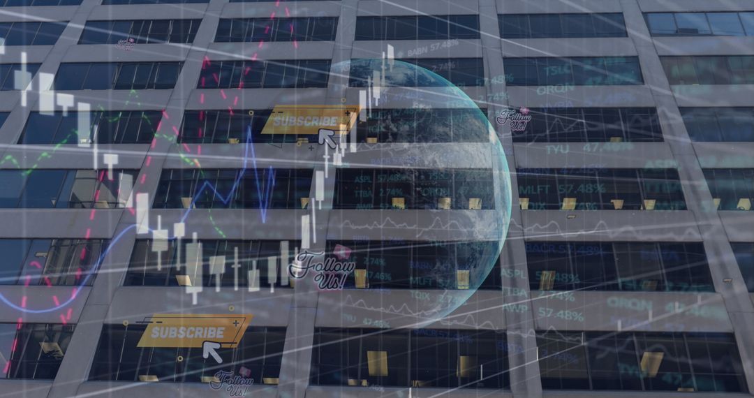 Digital Data Interface Over Skyscraper Reflects Social Media and Finance