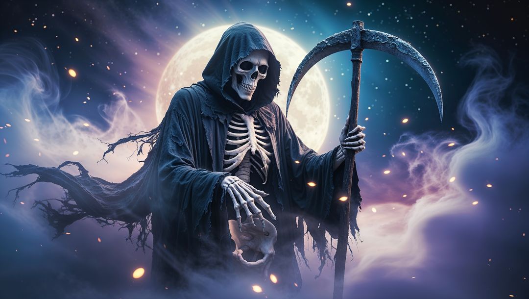 Skeletal grim reaper entity holding scythe in mystical moonlit scene