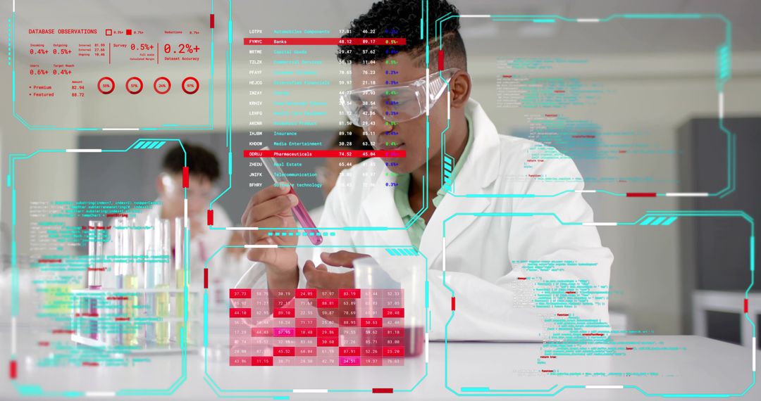 Teenage scientist holding purple test tube with holographic data overlay and lab tech