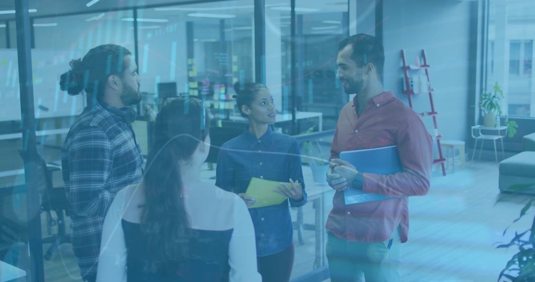 Business Team Discussing Financial Data with Technology Overlay