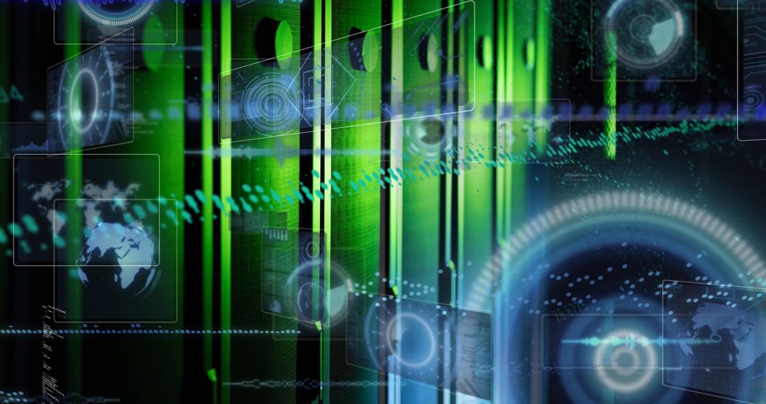 Futuristic Data Center with Digital Graphics and Global Connectivity