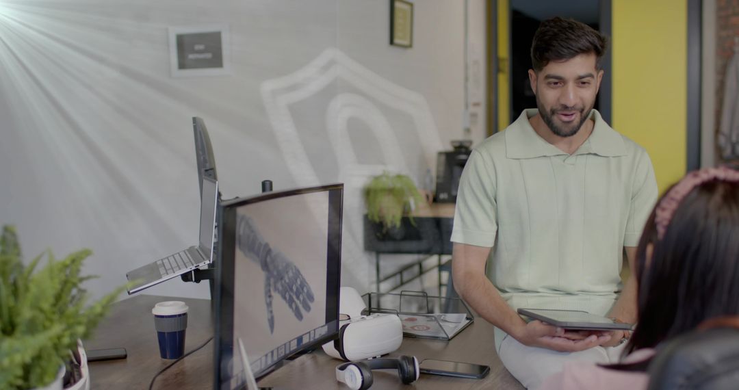 Professional Discussing Digital Innovation in Modern Office Environment