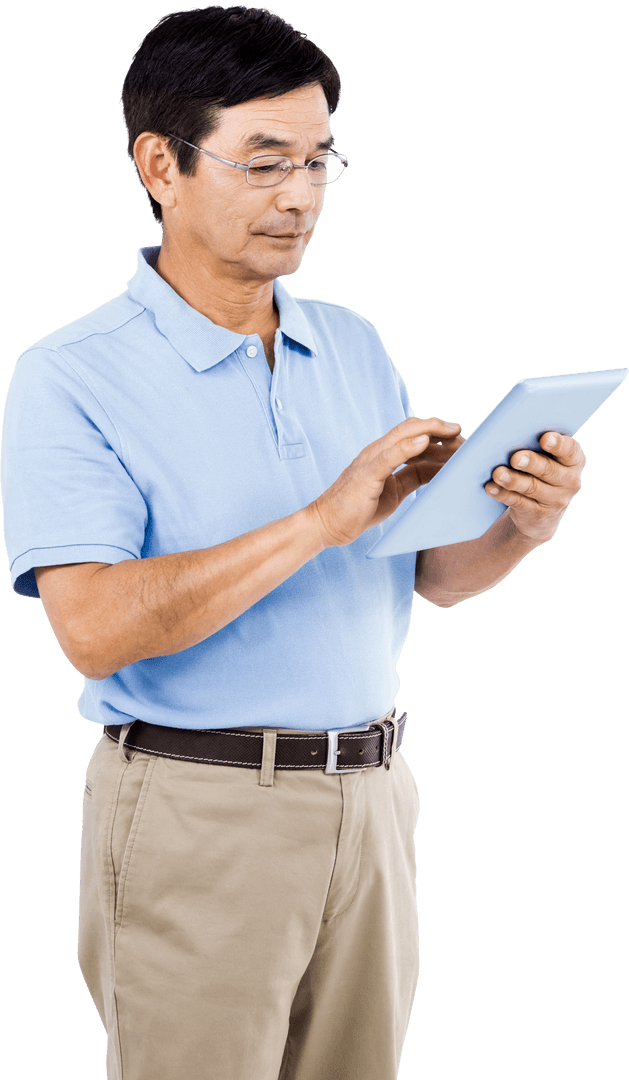 Mature Man Engaged with Transparent Digital Tablet
