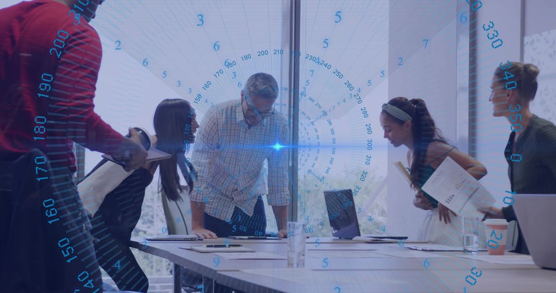 Manager Leaning Over Table Reviewing Strategy with Team, Digital HUD Data Overlay, Modern Boardroom