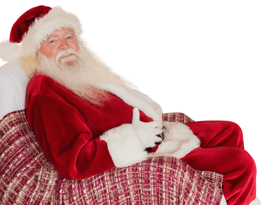 Jolly Santa Relaxing in Red Velvet Chair Transparent Background