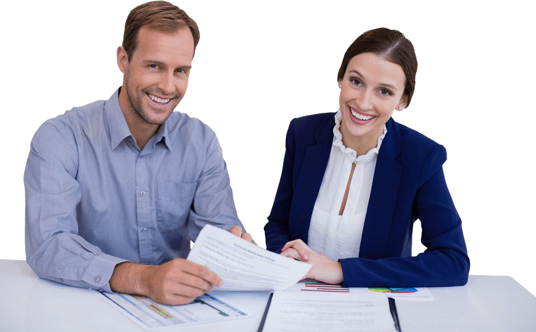 Transparent Smiling Business Professionals Reviewing Documents