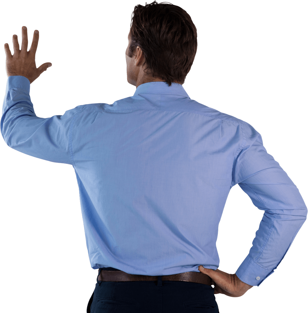 Businessman in Blue Shirt Interacting with Transparent Grid Interface