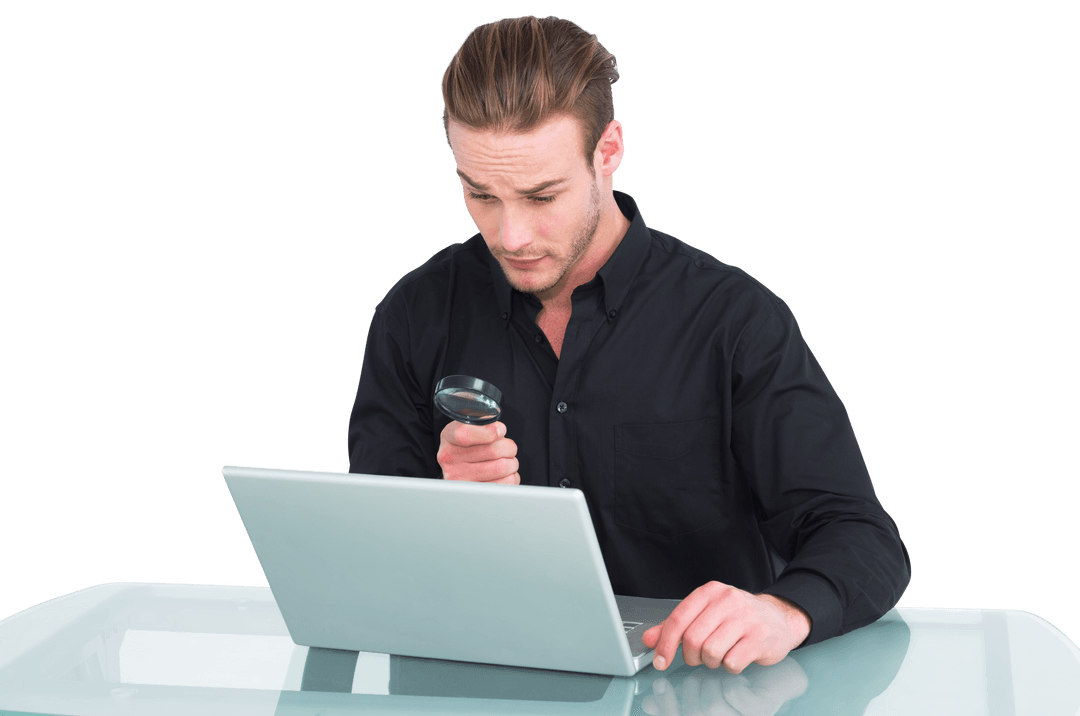 Businessman Using Magnifying Glass to Inspect Laptop, Transparent Background