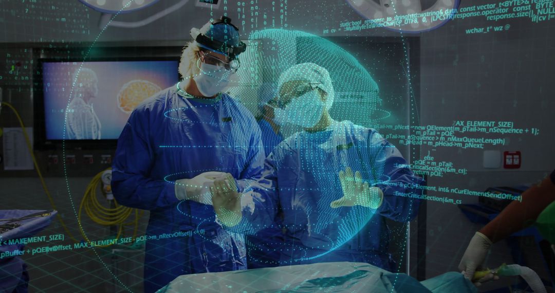 Surgeons Analyzing Digital Brain Hologram in Operating Theater