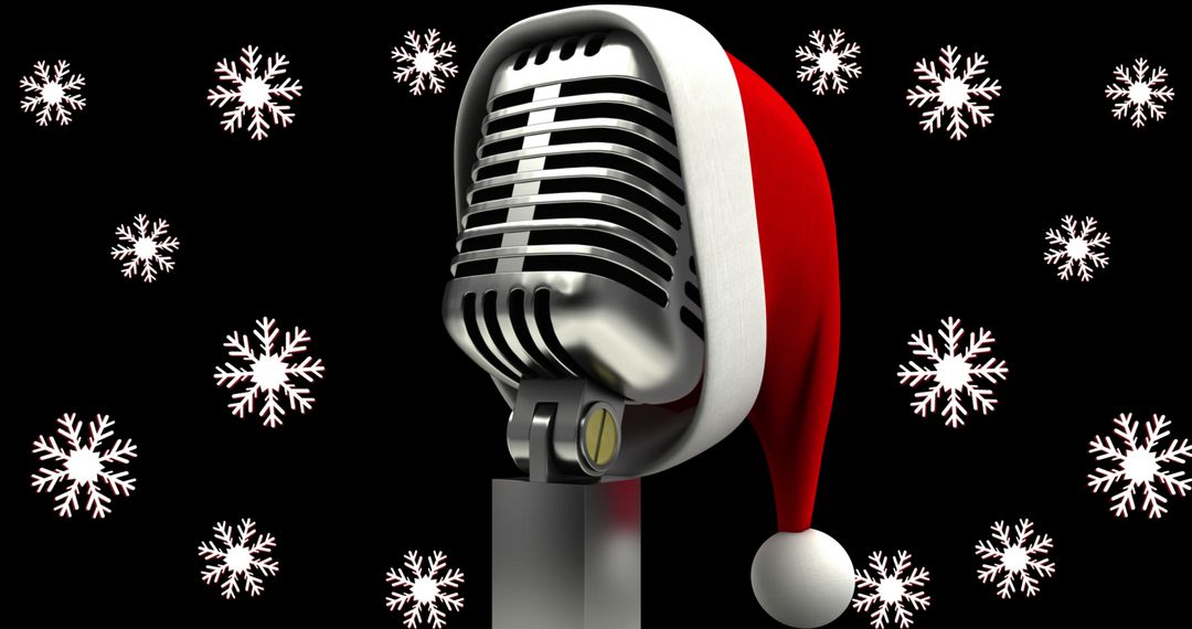 Retro Microphone with Santa Hat Surrounded by Snowflakes