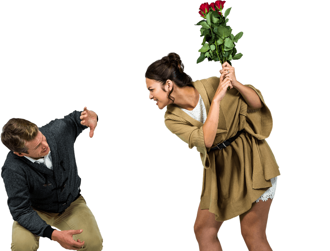 Woman Playfully Hitting Man with Red Roses in Transparent Style