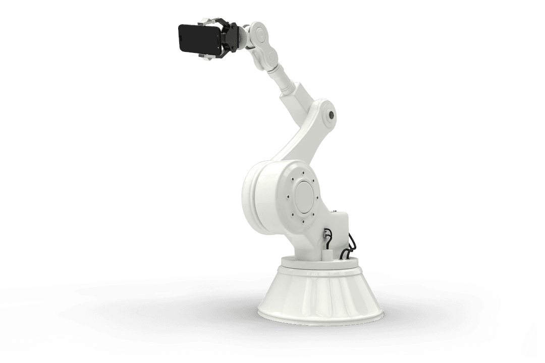 Futuristic Robot Arm Holding Smartphone on Transparent Background