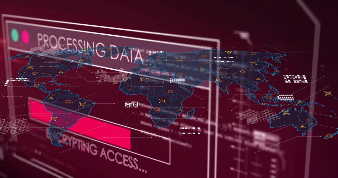 Holographic World Map Overlay Displaying Cybersecurity Dashboard with Magenta Progress Bar