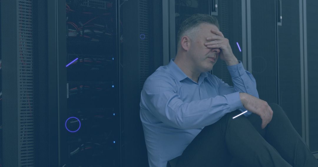Stressed IT Professional Sitting Near Server Racks