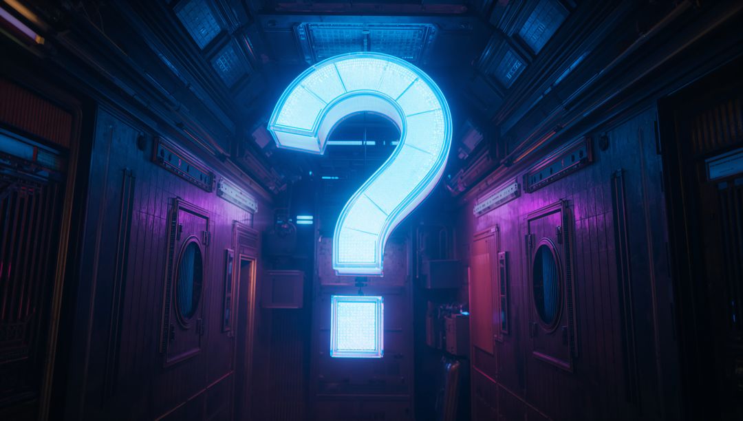 Glowing Neon Question Mark in Futuristic Corridor