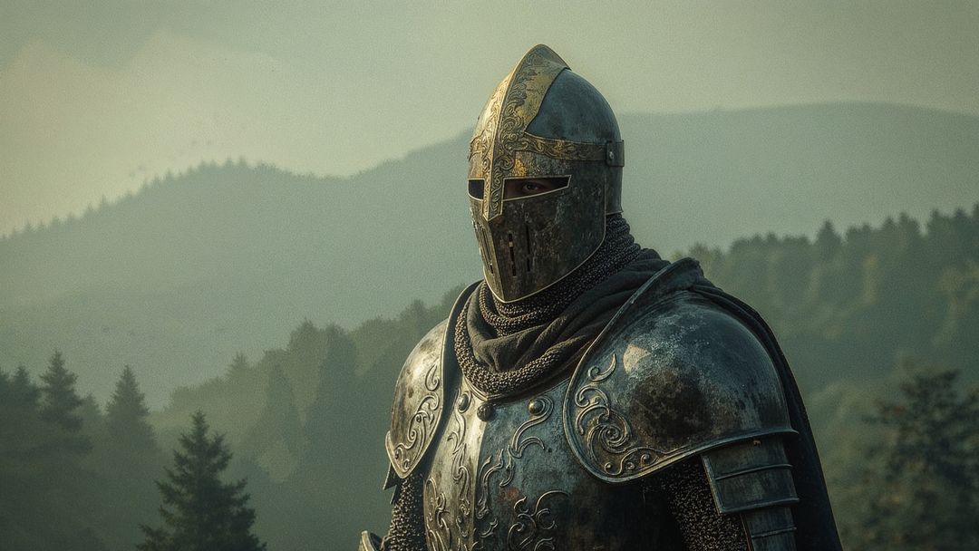 Medieval Knight with Armor Standing in Misty Forest