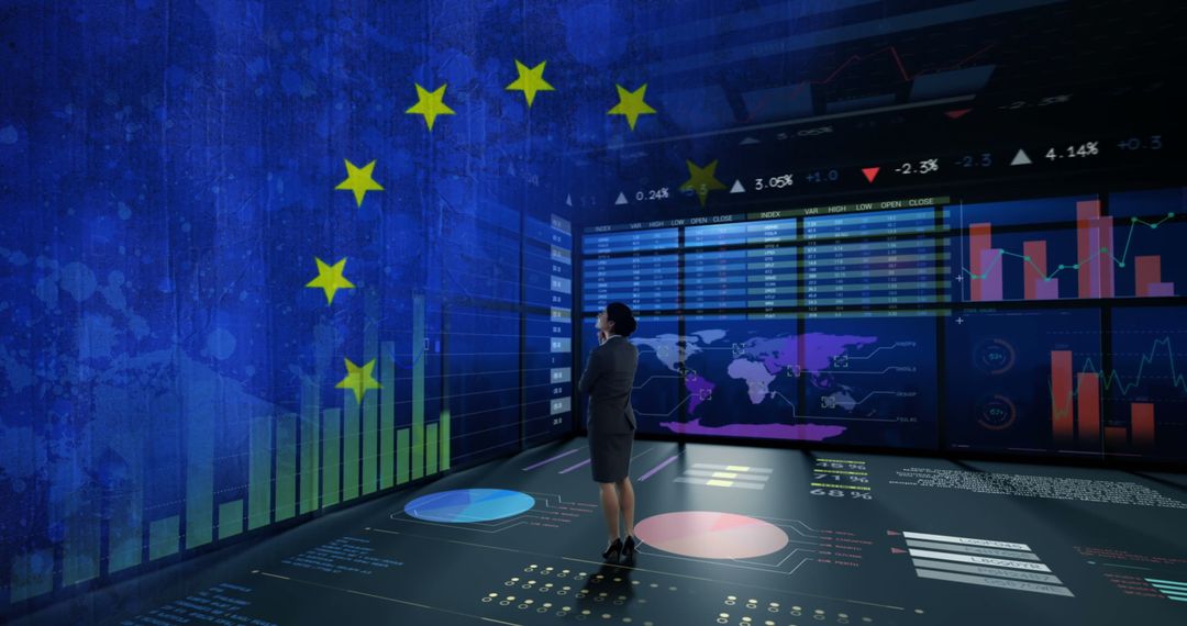 Businesswoman Analyzing Global Data in High-Tech Command Center