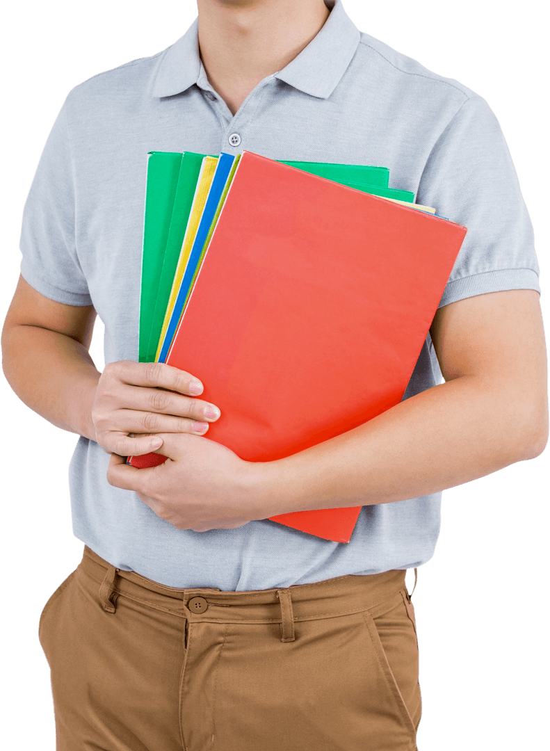 Man Holding Colorful Files on Transparent Background
