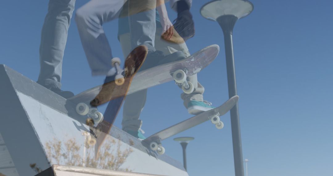 Dynamic Double Exposure Kip Going Down at Skatepark