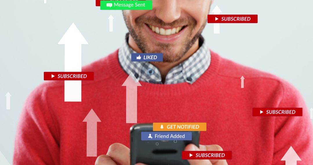 Man Engaging on Smartphone with Social Media Icons Surrounding