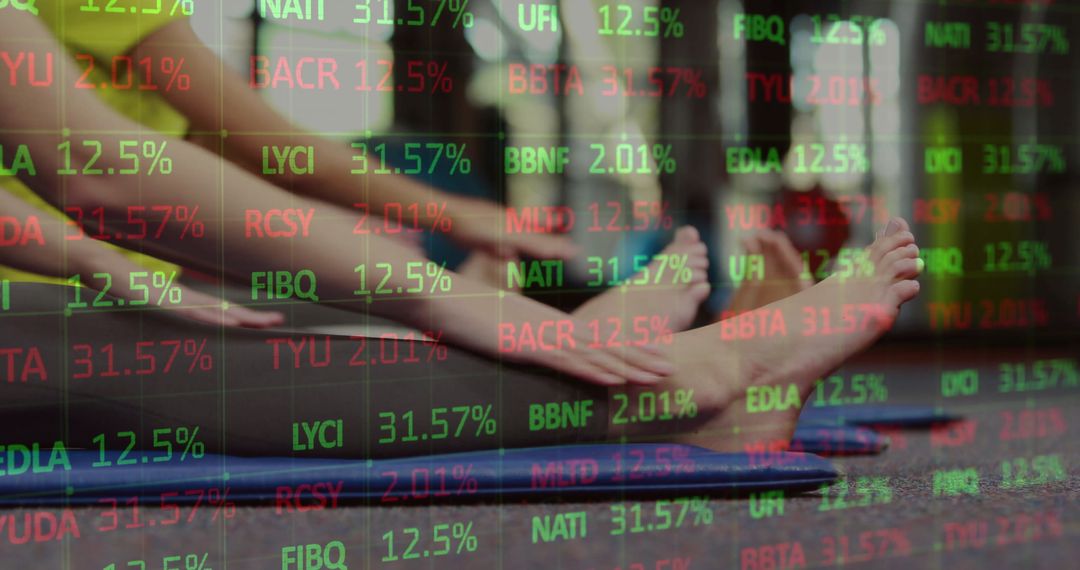Yoga Stretching with Stock Market Overlay Symbolizing Connection