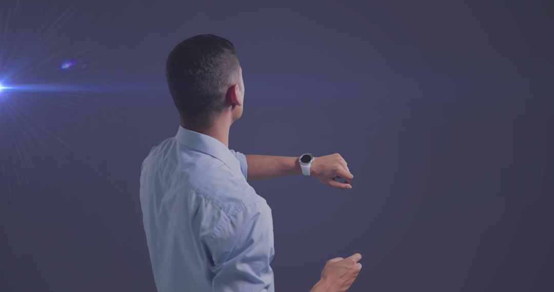 Businessman Using Smartwatch in Futuristic Setting