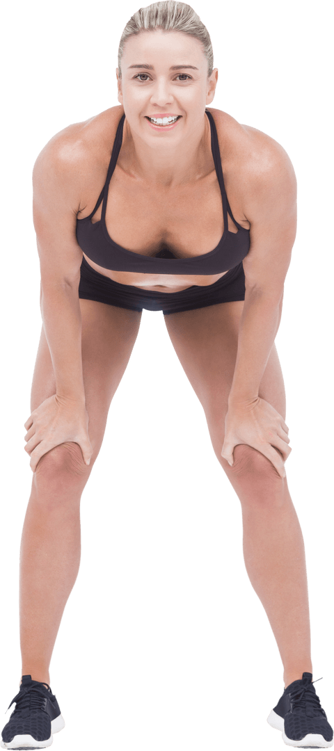 Transparent Energetic Female Athlete Resting with Hands on Knees