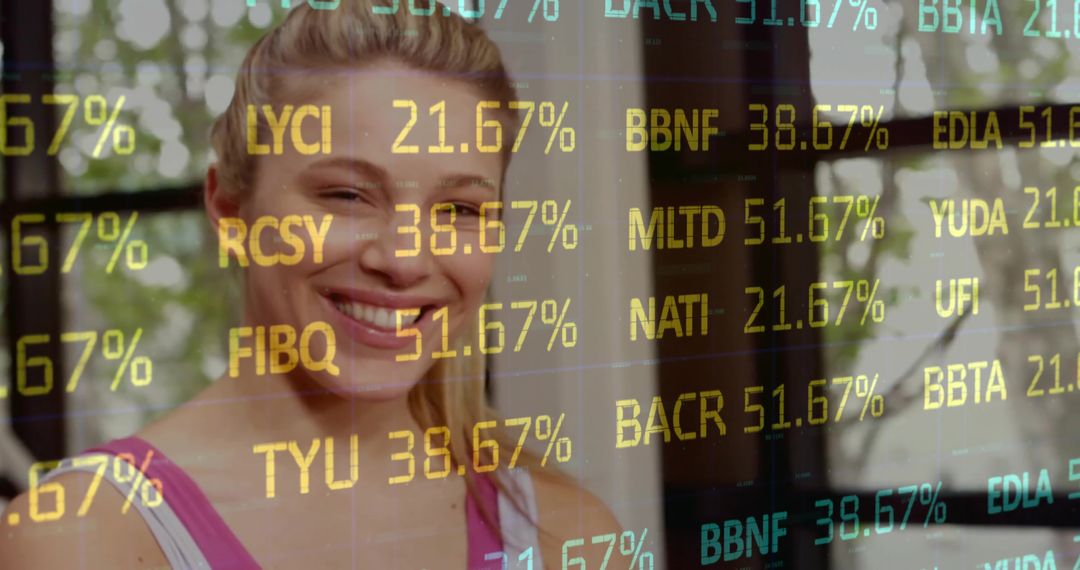 Smiling woman in pink tank top with digital ticker overlay blending wellness and finance