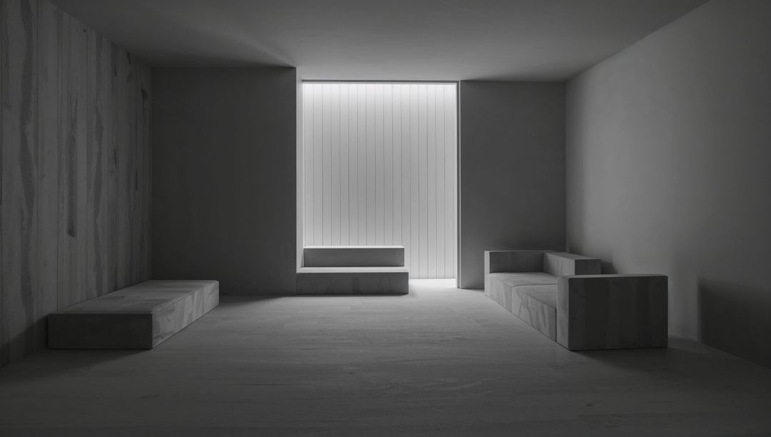Minimalist Gallery with Concrete Benches and Vertical Light Panel