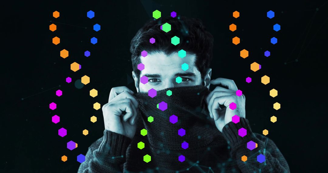 Futuristic Man in Tech Studio with Neon Hexagonal Overlay