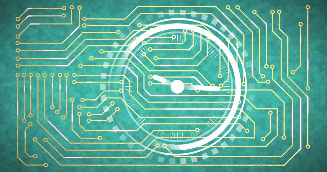 Clock Face Embodied in Circuit Board Design on Green