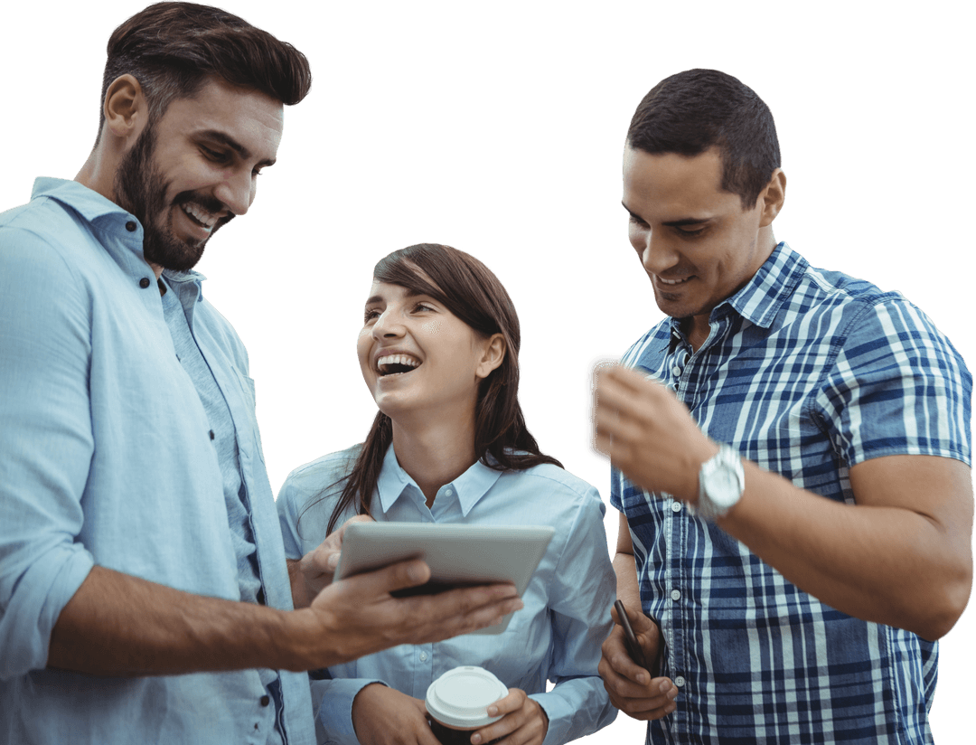 Transparent Team Discussing Ideas over Tablet Outdoors