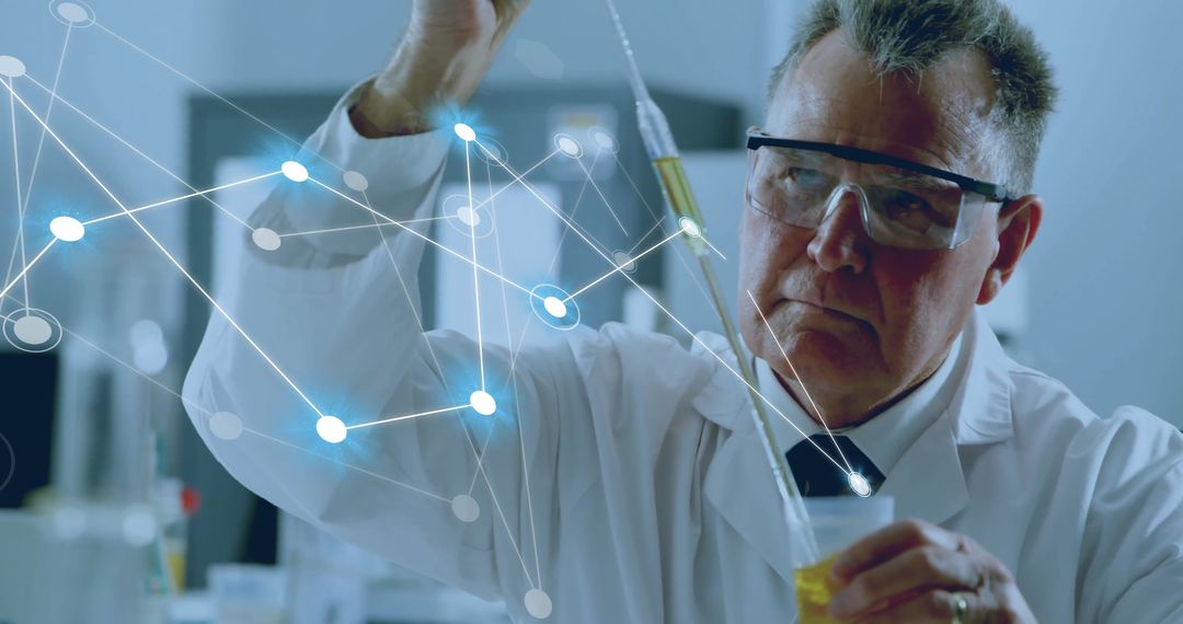 Scientist Conducting Experiment with Digital Network Overlay