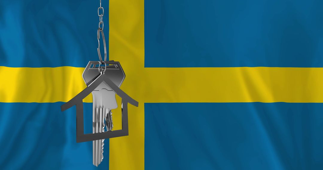 Keys Hanging Over Swedish Flag Symbolizing Homeownership