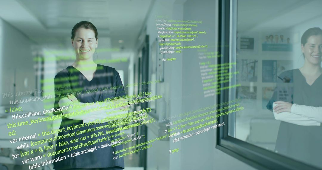 Tech Professional in Hallway with Floating Code Display